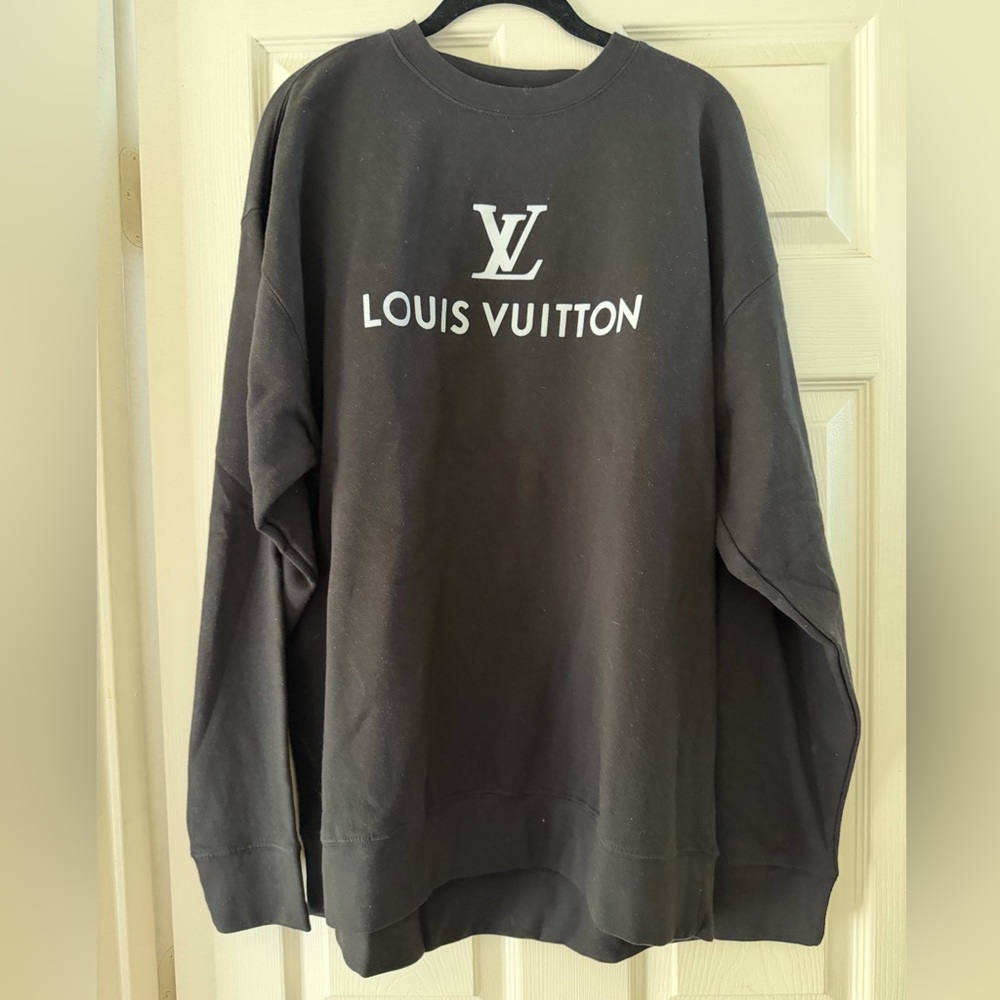 Black Crewneck Sweatshirt with White LV Logo in printed